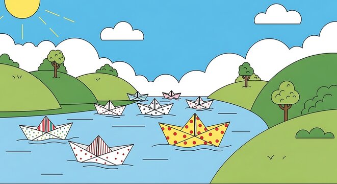 Colorful cartoon landscape with boats and animals on river.