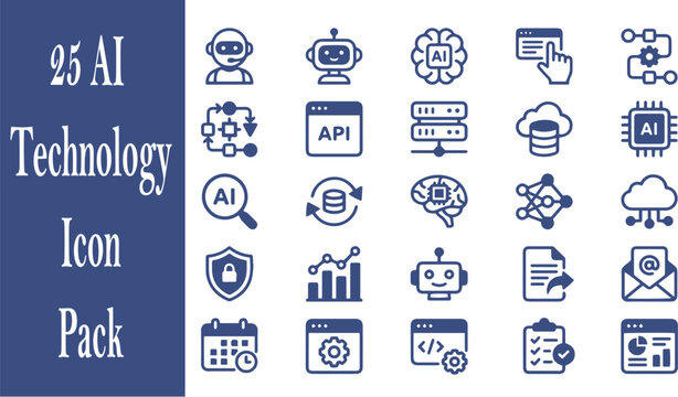 AI Technology Icon Pack with Artificial Intelligence, Automation, Cloud Computing and Productivity Symbols