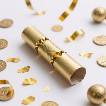 Environment Concept Rain Glitter. Golden Confetti Crackers On A White Background With Gold Celebration Decoration And Rain Of Coins