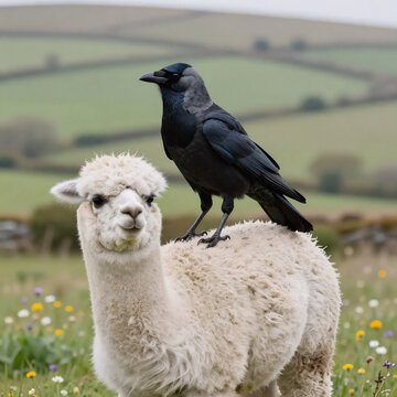 Fantasy Art Crow Uk. A Jackdaw Perches On A White Alpaca In An English Field