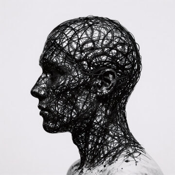 Futurist Brain Happy. A Psychological Therapy Concept Depicts A Human Head Silhouette With Tangled Knots Symbolizing Mental Health Issues And The Process Of Solving Them