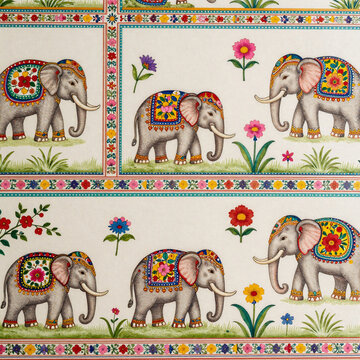 Editorial Illustration Indian Elephant. Seamless Pattern Chintz Wallpaper Showcasing Indian Elephants And Flowers