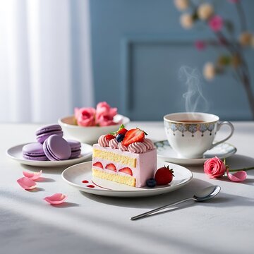 Elegant afternoon tea set with fresh strawberries and cream.