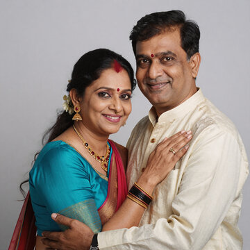 Line Art Indian Couple. A Mature Indian Couple In A Heartwarming Embrace, Gazing Intently At The Camera