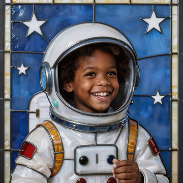Stained Glass Astronaut Boy. A Smiling African American Child In Astronaut Gear Plays In A Cosmic Space Dreamscape On A Blue Studio Backdrop With White Stars