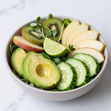 Holographic Marble Bowl. Healthy, Vibrant Buddha Bowl Salad With Avocado, Kiwi, Apple, Cucumber, Pear, Micro Greens, Lime And Sesame On A Light Marble Background
