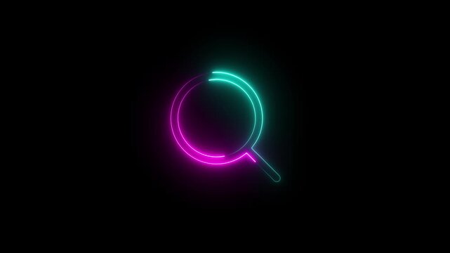 Neon pink and cyan  magnifying glass icon animation. Glowing search icon on dark background for digital ui, website, app interface, and tech visuals
