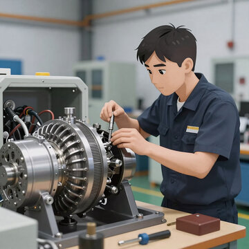 Cartoon Gas Job. Mechanical Engineer Assembles A Gas Turbine For The Power Industry