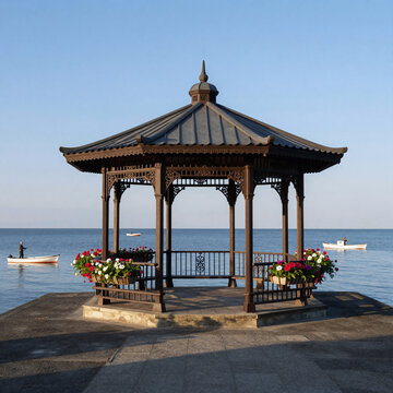 Ukiyo-E Gazebo Coastline. Scene On A Fishing Pier Featuring Gazebo At Its End