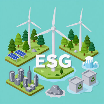 Editorial Illustration Esg Cloud. A 3D Isometric Conceptual Illustration Of Esg (Environmental, Social, Governance) Climate Change Policies