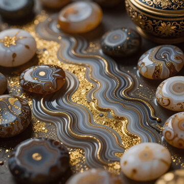 Line Art Marble Eastern. Swirling Abstract Fantasia Of Golden Agate, Marble, And Oriental Art With A Luxurious Touch