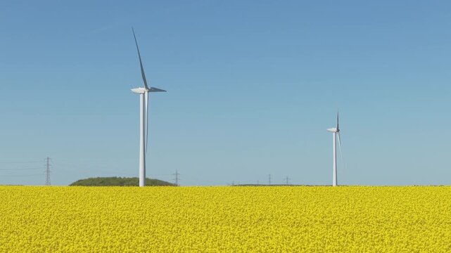 Aerial view approaching wind turbines on a wind farm generating clean and renewable energy on agricultural land with crops in fields and sunny blue sky
