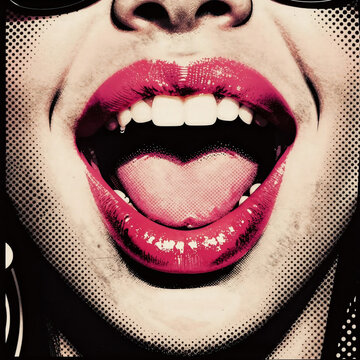 Manga Retro Nose. Halftone Collage Lips For Mixed Media Designs In Pop Art Style Featuring Vintage Grunge Punk Crazy Stencil Mouth With Half-Tone Texture