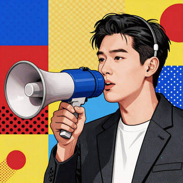 Ukiyo-E Megaphone Dark. Modern Pop Art Composition Showcases A Trendy Figure Holding A Megaphone, Listening Ear, And Spreading Propaganda Via Social Media Through A Halftone Collage Style