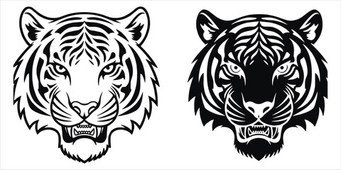 Obraz premium Black and White Tiger Head Silhouettes Facing Forward With Open Mouths face animal