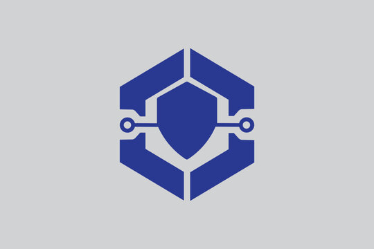 Blue hexagonal shield featuring integrated circuit lines and nodes isolated on a light gray background, for cybersecurity network, protection and digital, data safety technology, branding concepts