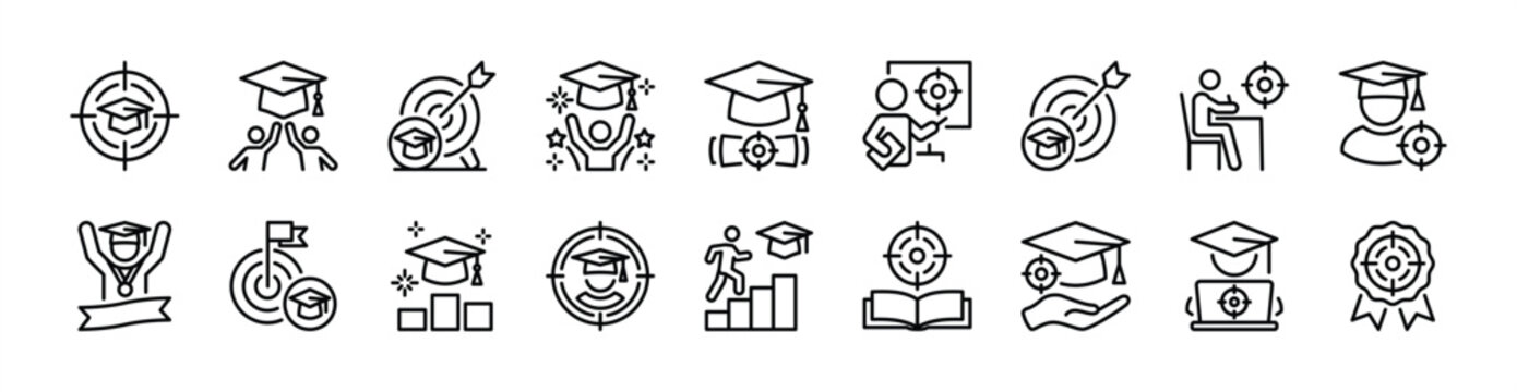 Education aim, target and bullseye thin line icon set. Contains graduation cap, celebration, success, achievement, champion, student, college, textbook, study - vector illustration