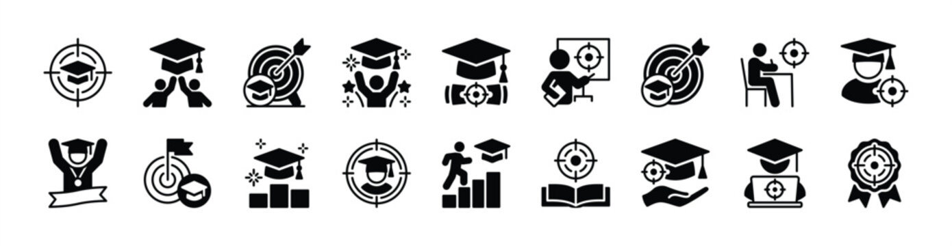 Education aim, target and bullseye icon vector set. Contains graduation cap, celebration, success, achievement, champion, student, college, textbook, study, teaching - illustration