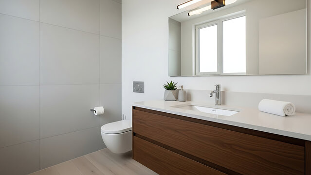 Modern bathroom interior featuring a floating walnut wood vanity with white countertop and minimalist fixtures in a bright room with light gray large format wall tiles