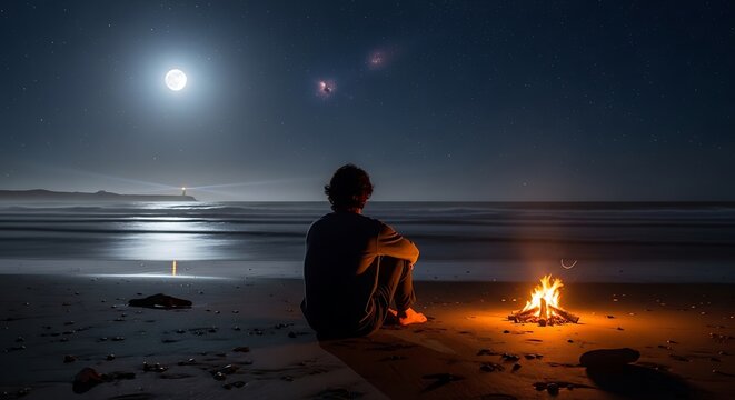 Man sitting alone by campfire at night.