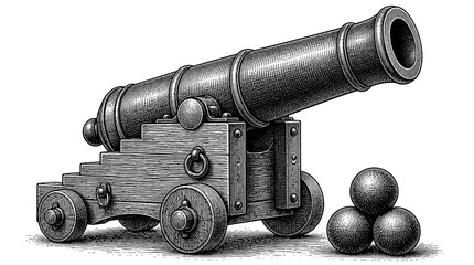 Fototapeta premium Antique Cannon and Cannonball on Carriage.