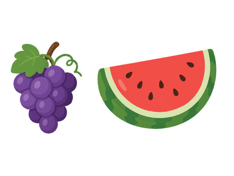 Flat Vector Illustration of Grapes and Watermelon Fruit Icons