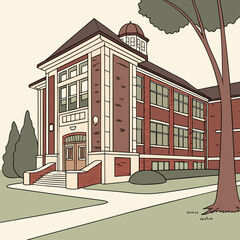 Illustration of a large brick school building with a dome on top and a tree in front in place building architecture education institution entrance illustration structure exterior