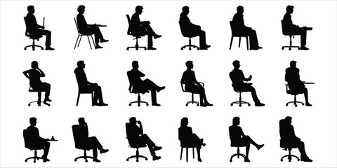 Obraz premium Collection of business people silhouettes sitting in office chairs in various poses vector illustration
