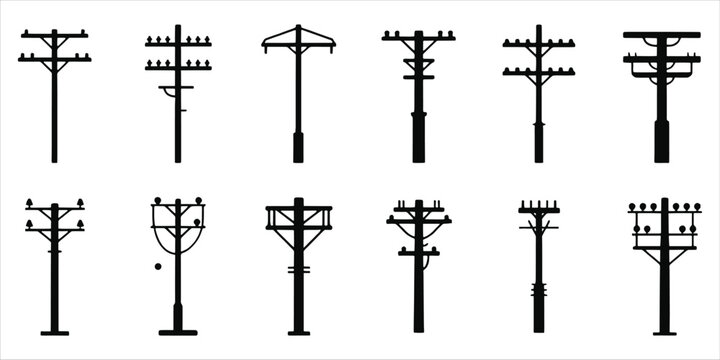 Collection of various electricity pole silhouettes with wires and insulators power line