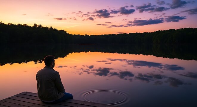 Silhouette of person watching sunset over lake.