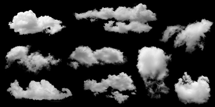 White clouds collection isolated on black background, cloud set on black. fluffy white cloudscape texture. Black sky nature background, cloudy, black and white, horizontal