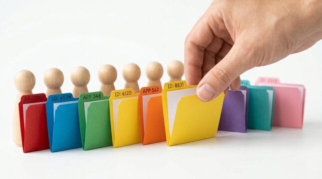 A hand selecting a folder from a row of colorful, labeled file folders representing digital data management and organizational systems in a business context
