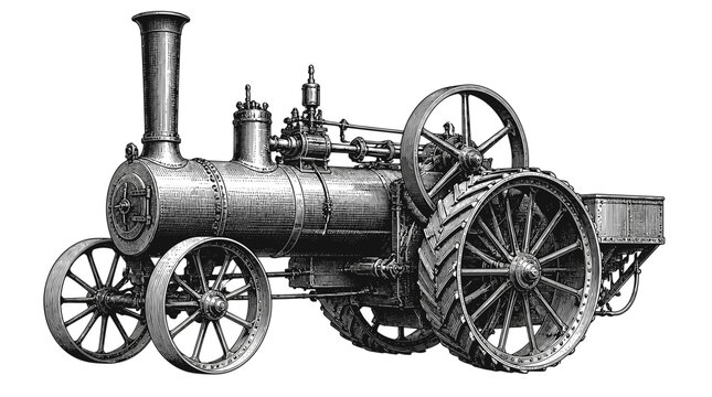 Antique steam traction engine tractor with large rear wheels.