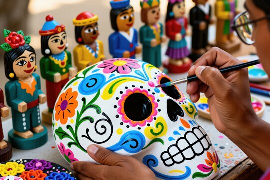 Artisan paints bright sugar skull with flowers and swirls. Colorful folk art figures stand nearby. Traditional Mexican Day of Dead craftwork.