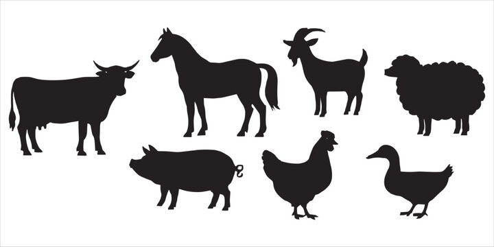 Silhouette Farm Animals Collection Isolated on White Background Keywords: cow, horse, pig, sheep, goat, chicken, duck, farm