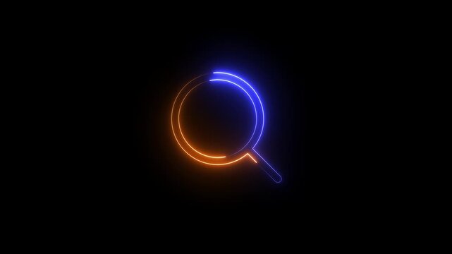 Neon blue and orange magnifying glass icon animation. Glowing search icon on dark background for digital ui, website, app interface, and tech visuals