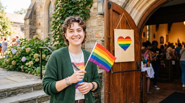 Young non-binary adult holding a rainbow flag stands outside a stone church with a heart-shaped rainbow decoration, surrounded by greenery and a festive atmosphere