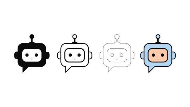 Robot chatbot icon set black outline white and blue variations