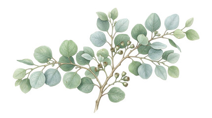 Obraz premium Beautiful green eucalyptus branch with leaves and seeds isolated on white background macro cutout