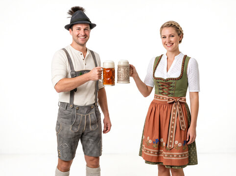 Three-quarter studio portrait of couple in alpine-inspired Oktoberfest attire on white background