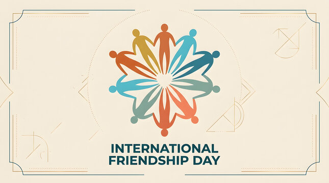 Minimalist international friendship day poster design with circular ring of diverse people silhouettes