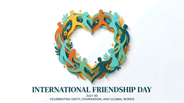 International friendship day concept art showing layered paper craft heart shape with happy people