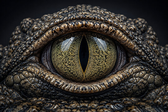Extreme macro of a crocodile eye with golden iris and scales
