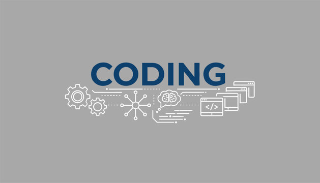 Modern coding concept poster with dark blue coding text and white tech icons on a solid grey background.