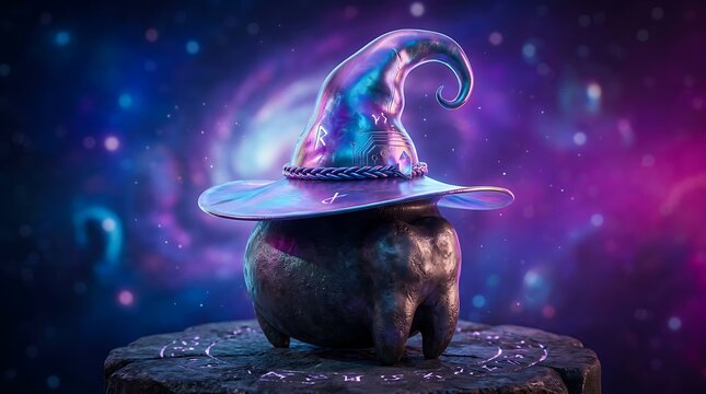 Witch hat on a stone cauldron with magical runes over cosmic nebula galaxy background for Halloween