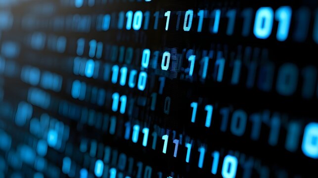 Digital display showing glowing blue binary digits scrolling across dark screen with depth of field effect