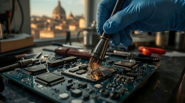  Close-up of technician hands in blue gloves using technical brush to clean and refurbish a computer processor with blurred Rome cityscape background
