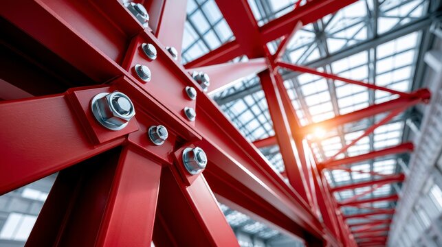 Close-up of a red steel framework with bolts and nuts inside a modern industrial building with glass roofing and sunlight.
