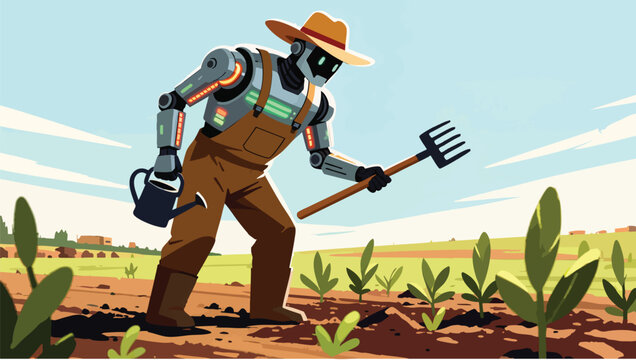 Pixel robot farmer wearing a straw hat and brown overalls working in a sunny agricultural field.