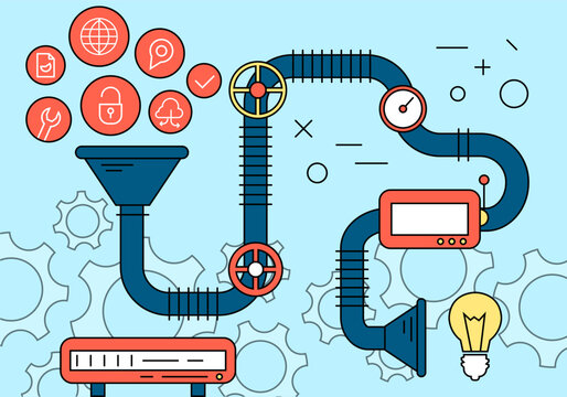 Data funnel processing and industrial pipe automation concept vector illustration for business workflow
